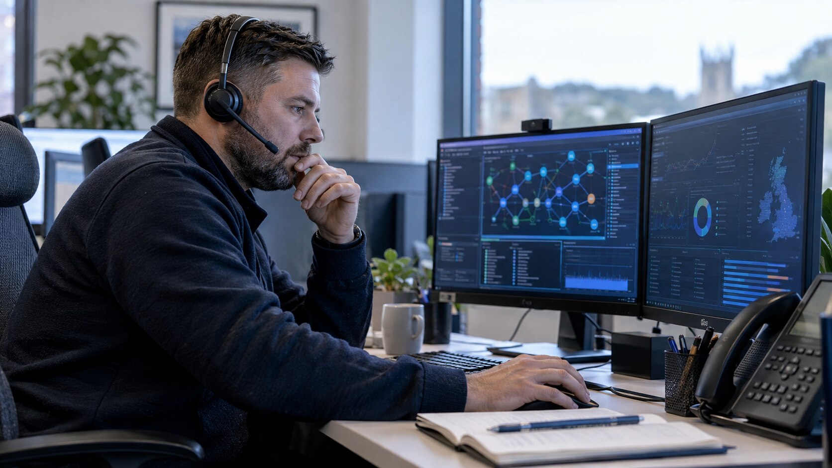 Technical support professional helping with a business service